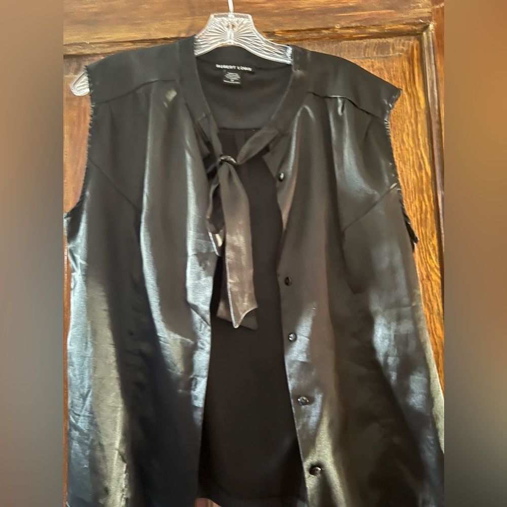 Black satin button sleeveless bow blouse